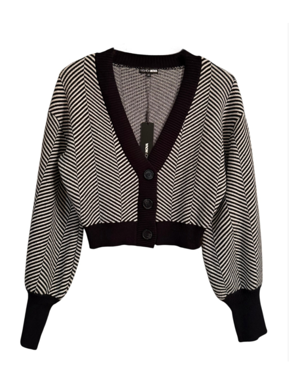 Fashion Nova Cardigan Size M Black White Chevron Knit Sweater NWT - Picture 2 of 12